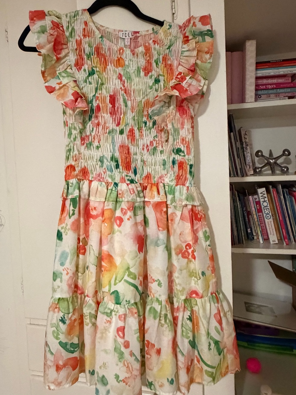Ladies Floral Ruffle Sundress - White with Coral, Green & Yellow